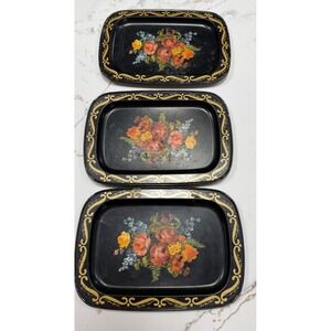 LOT SALE 3 Vintage TOLE Trays Hand Painted Art Decorative Roses Floral 7 x 5